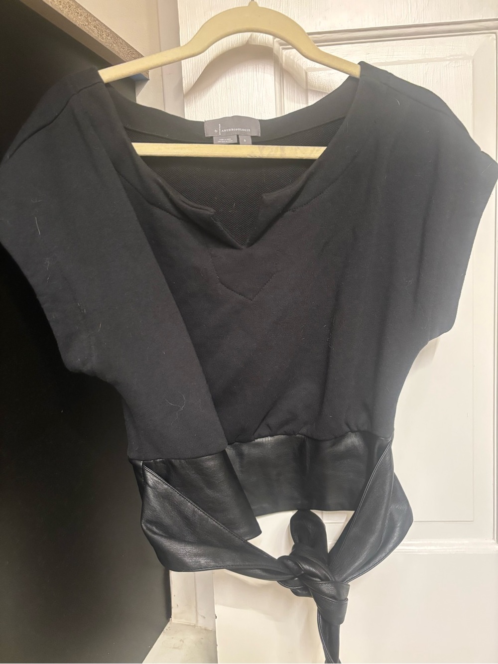 Anthropologie Black Top with Faux Leather Tie Waist Women's S